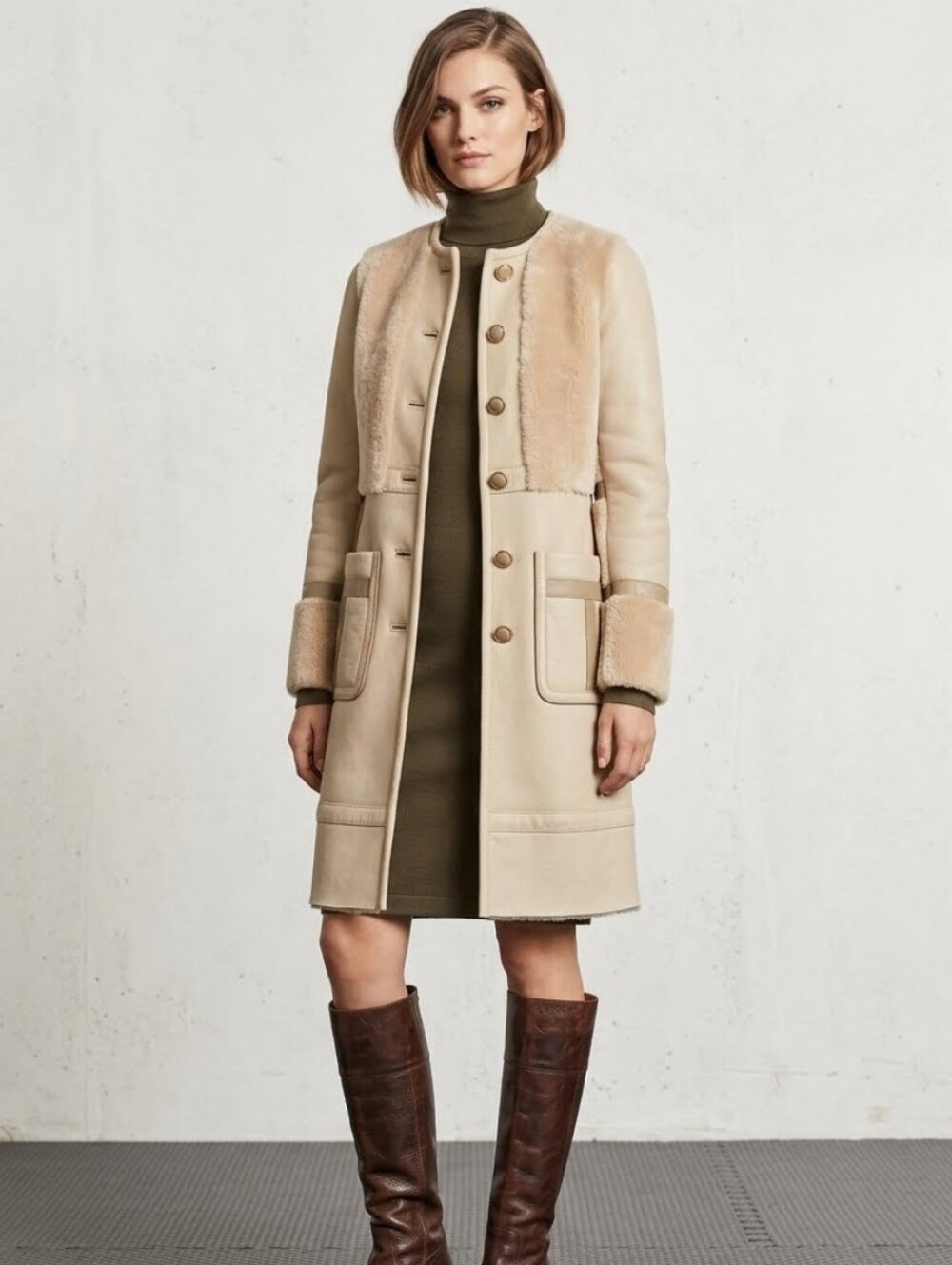 Tory Burch Cream Leather Suede Shearling-Trim Long Coat